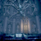 Bloodborne's Lesser Amygdala, menacing and towering, clings to an inner church wall after crushing the player to death.